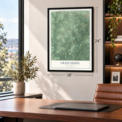 Grays Chapel, North Carolina map, 18 x 24 inch print in a black frame in a home office
