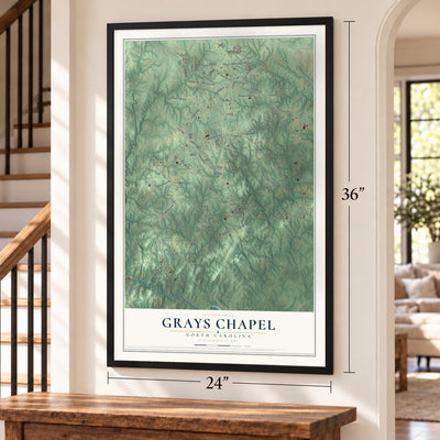 Grays Chapel, North Carolina map, 24 x 36 inch print in a black frame by a staircase