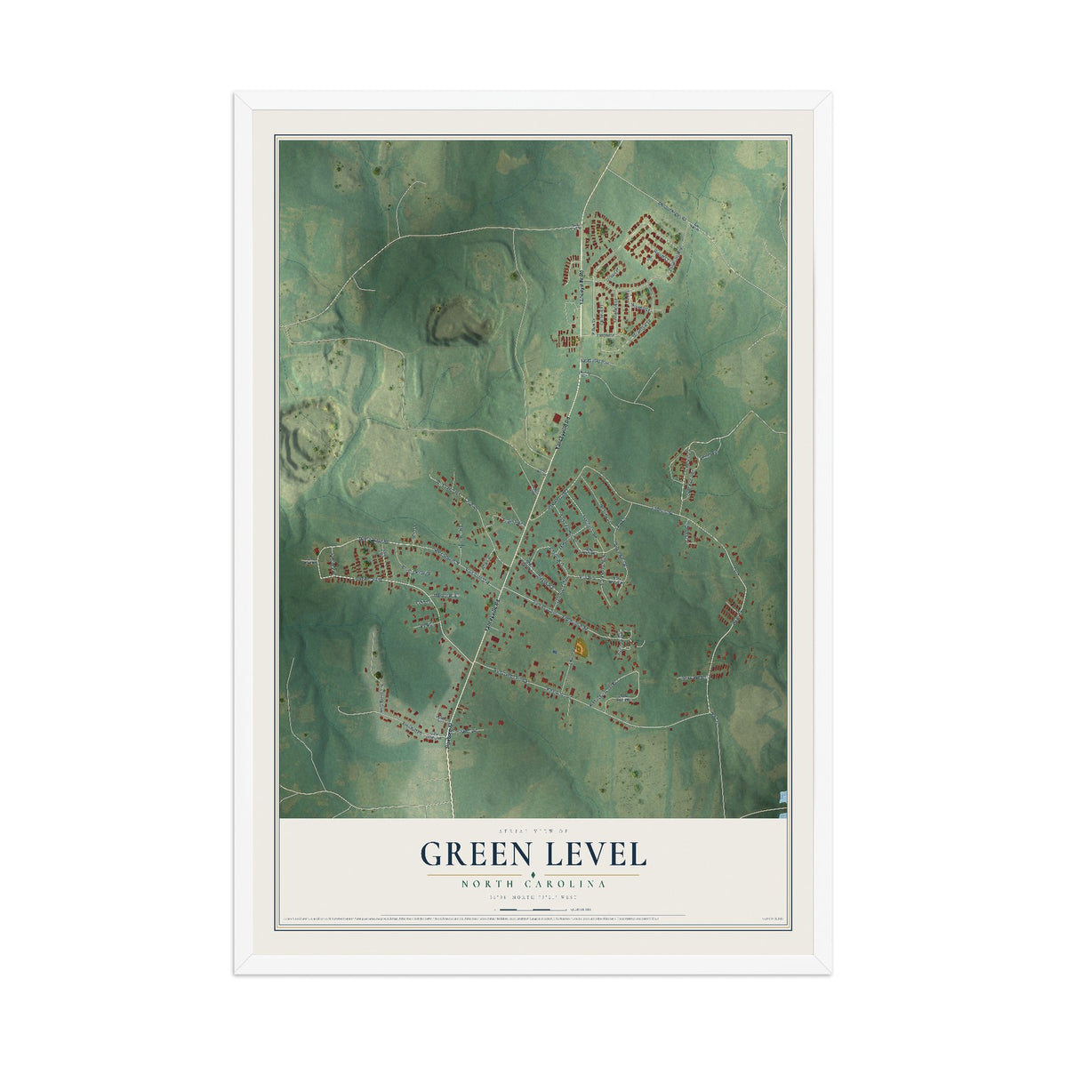 Map of Green Level, North Carolina, 12 x 18 inch print in a white wood frame