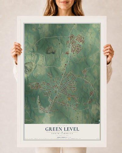 Map of Green Level, North Carolina, 24 x 36 inch print in a white wood frame