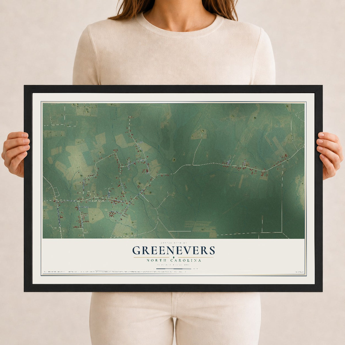 Map of Greenevers, North Carolina, 12 x 18 inch print in a black wood frame
