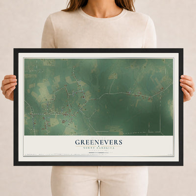 Map of Greenevers, North Carolina, 12 x 18 inch print in a black wood frame