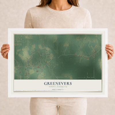 Map of Greenevers, North Carolina, 12 x 18 inch print in a white wood frame