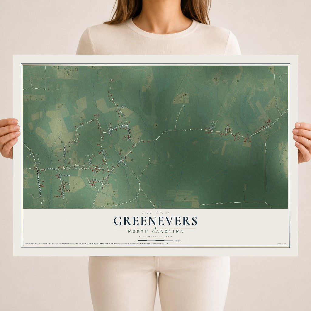 Map of Greenevers, North Carolina, 18 x 24 inch unframed archival matte print