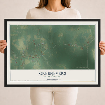 Map of Greenevers, North Carolina, 18 x 24 inch print in a black wood frame