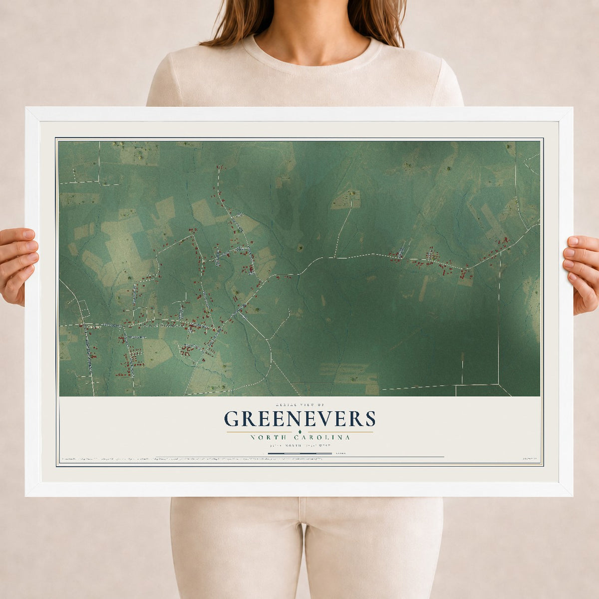 Map of Greenevers, North Carolina, 18 x 24 inch print in a white wood frame