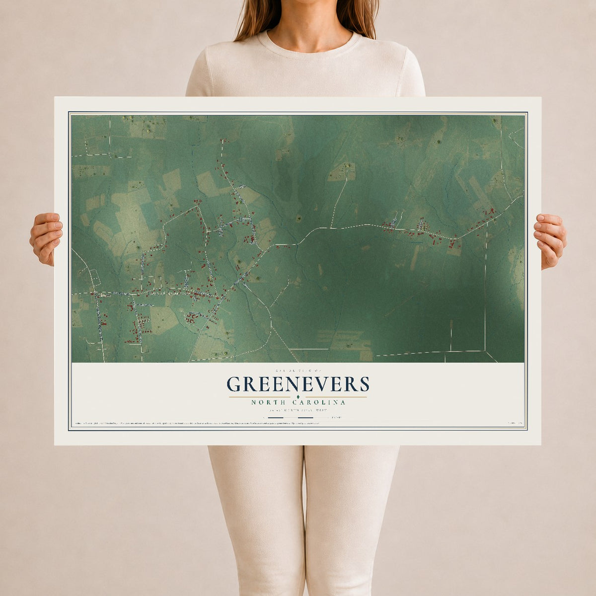 Map of Greenevers, North Carolina, 24 x 36 inch unframed archival matte print