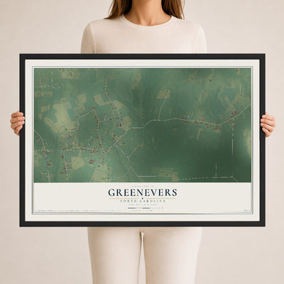 Map of Greenevers, North Carolina, 24 x 36 inch print in a black wood frame