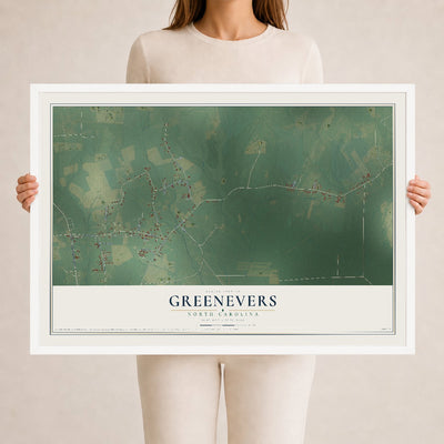 Map of Greenevers, North Carolina, 24 x 36 inch print in a white wood frame