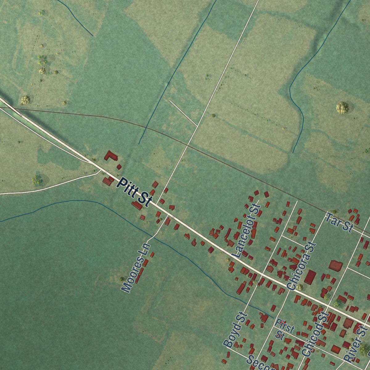 Close-up of the map of Grimesland, North Carolina print showing street and building detail