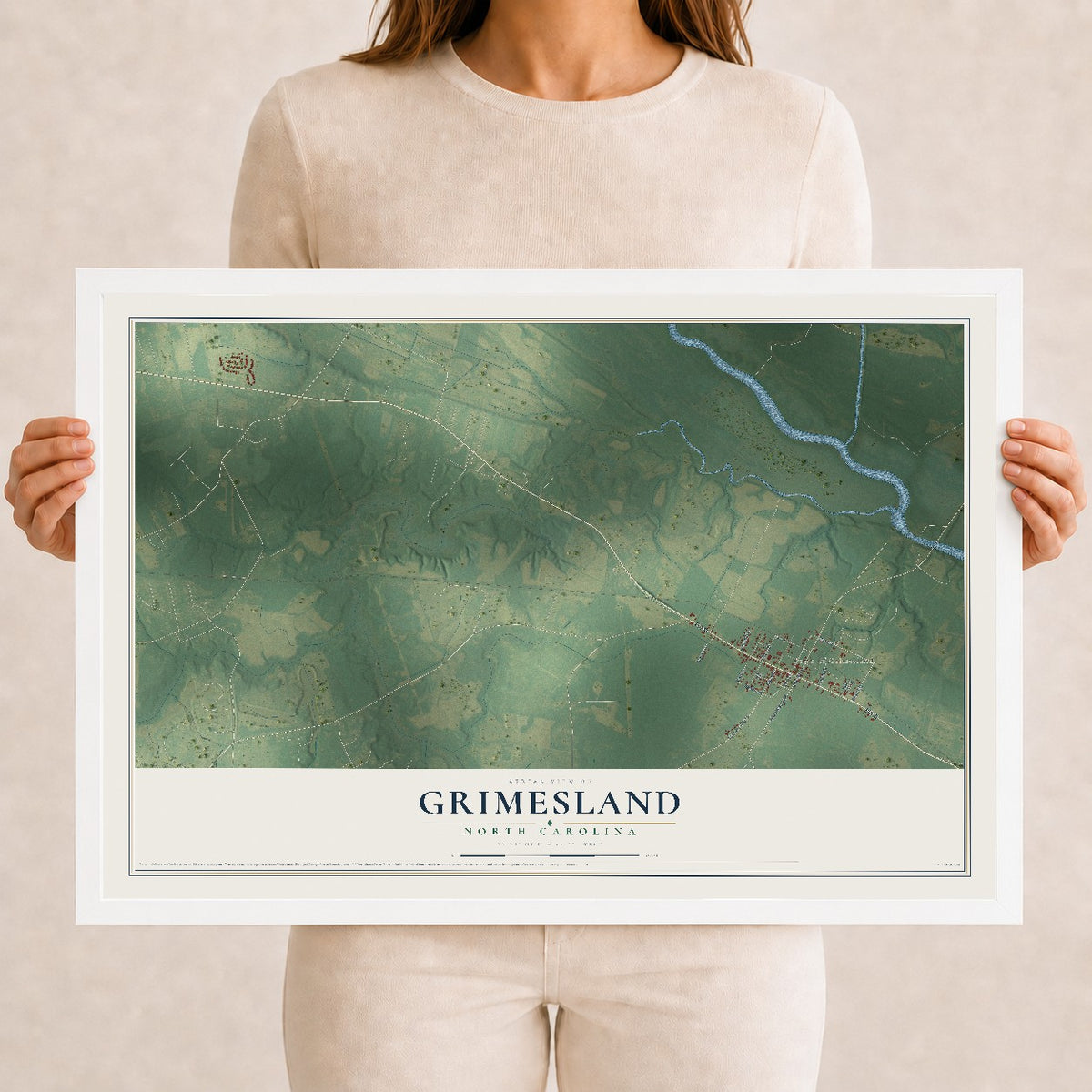 Map of Grimesland, North Carolina, 12 x 18 inch print in a white wood frame