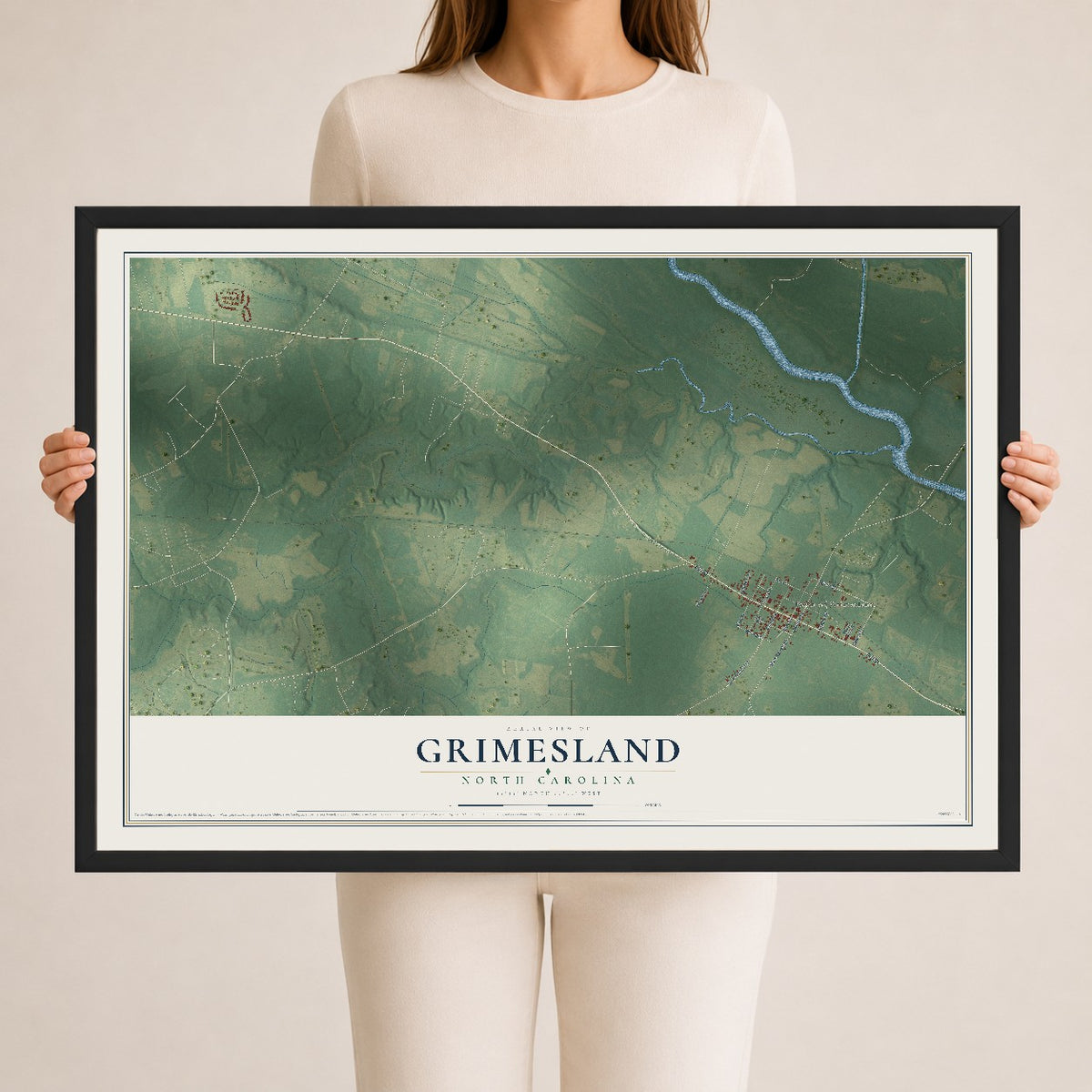 Map of Grimesland, North Carolina, 24 x 36 inch print in a black wood frame