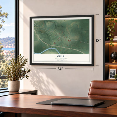 Gulf, North Carolina map, 18 x 24 inch print in a black frame in a home office