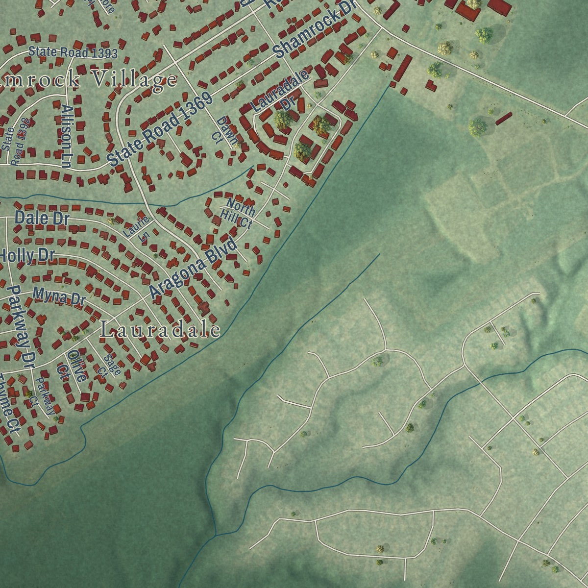 Second close-up of the map of Half Moon, North Carolina print showing more streets and buildings