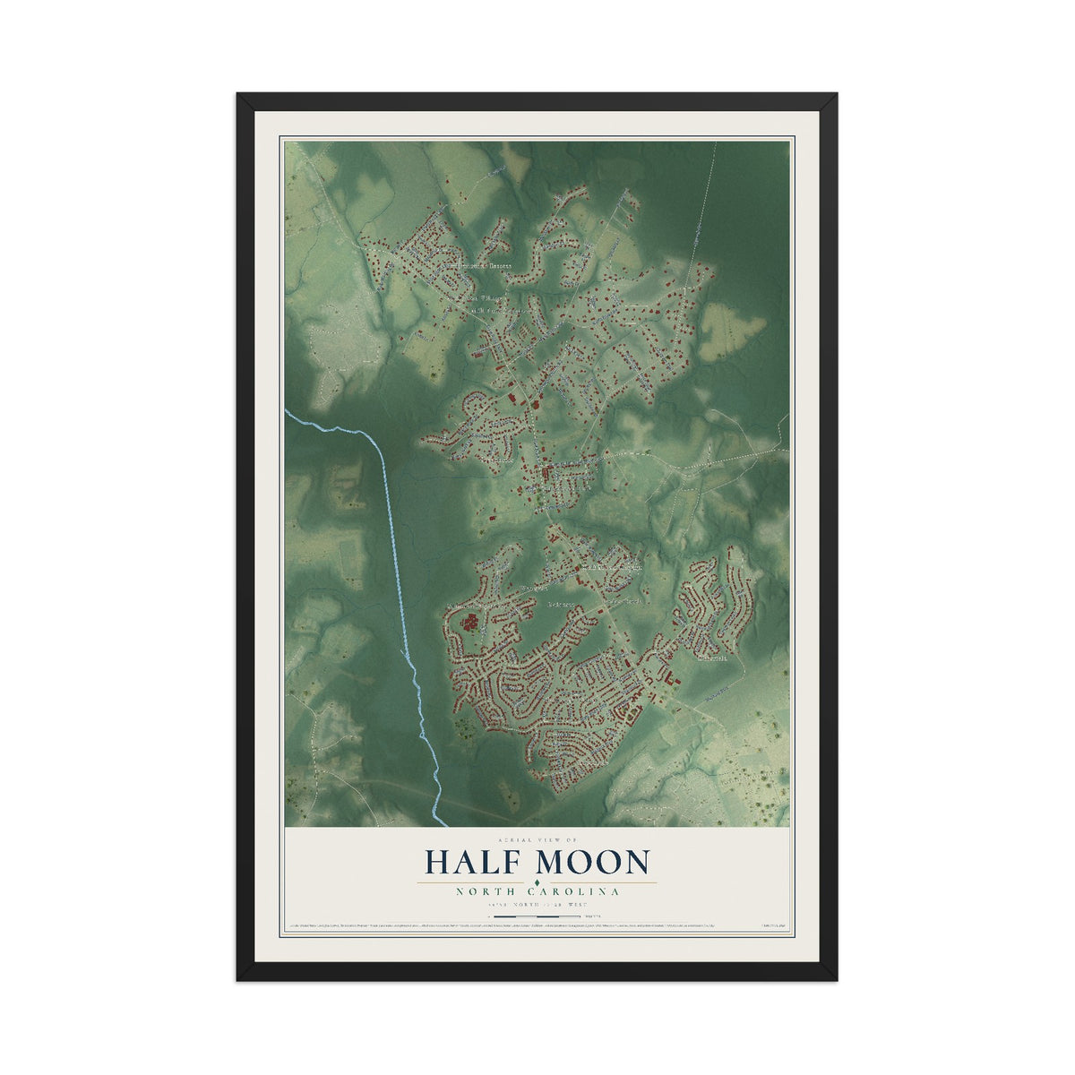 Map of Half Moon, North Carolina, 12 x 18 inch print in a black wood frame