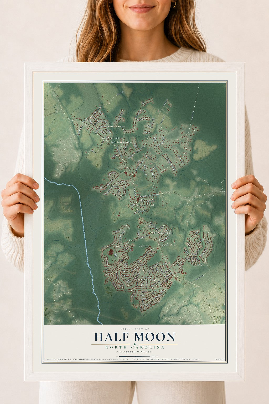 Map of Half Moon, North Carolina, 18 x 24 inch print in a white wood frame