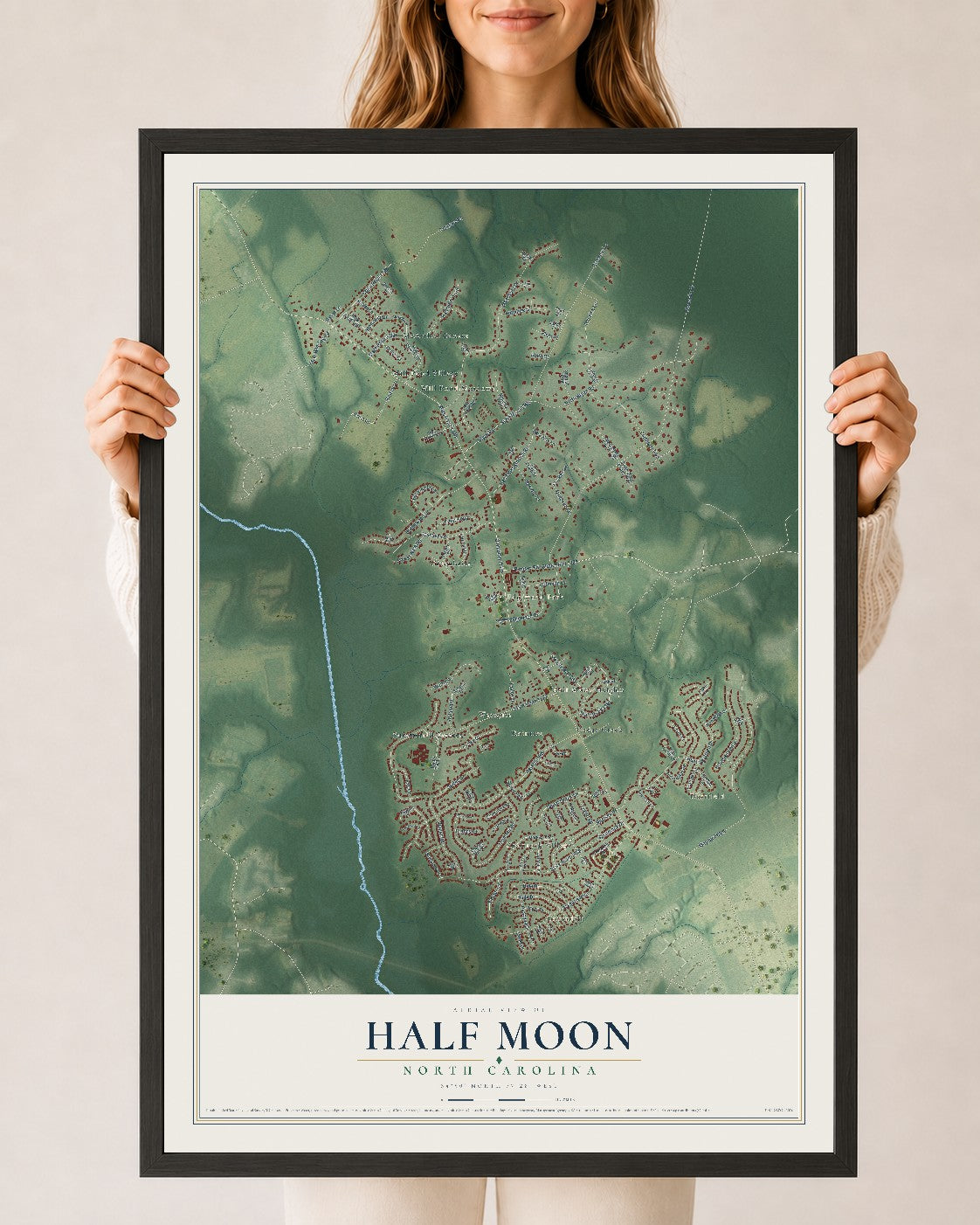Map of Half Moon, North Carolina, 24 x 36 inch print in a black wood frame