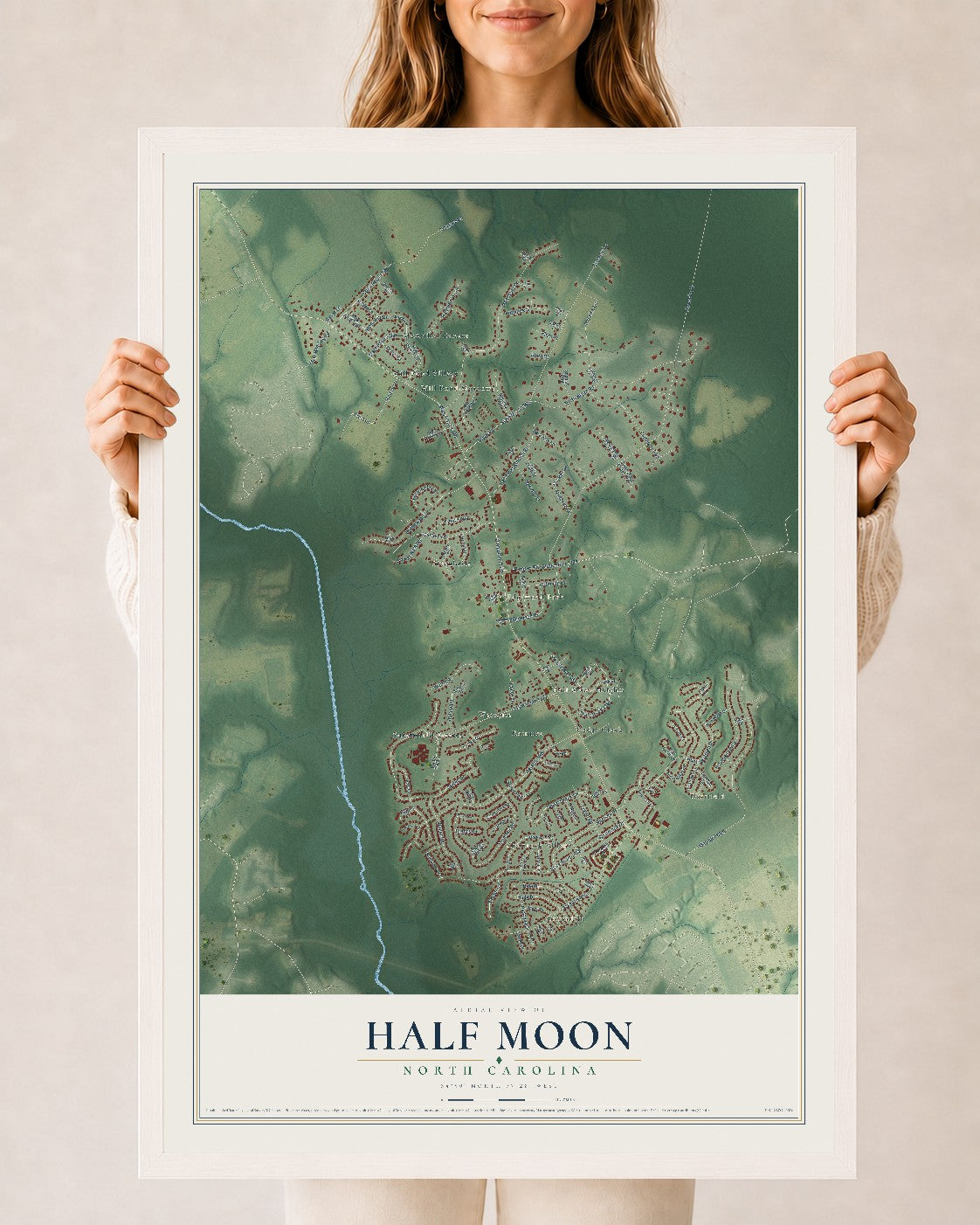 Map of Half Moon, North Carolina, 24 x 36 inch print in a white wood frame