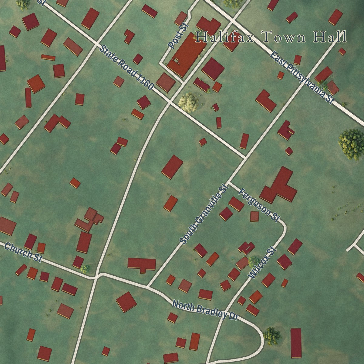 Close-up of the map of Halifax, North Carolina print showing street and building detail