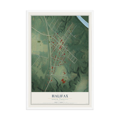 Map of Halifax, North Carolina, 12 x 18 inch print in a white wood frame
