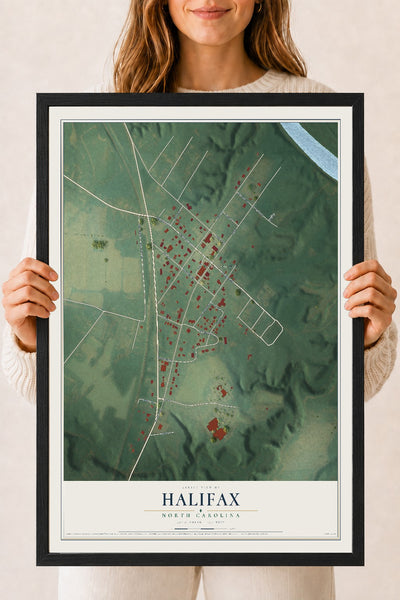 Map of Halifax, North Carolina, 18 x 24 inch print in a black wood frame