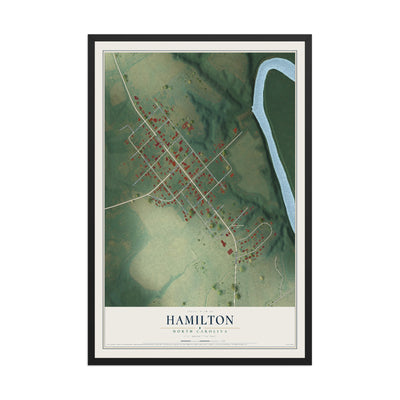 Map of Hamilton, North Carolina, 12 x 18 inch print in a black wood frame
