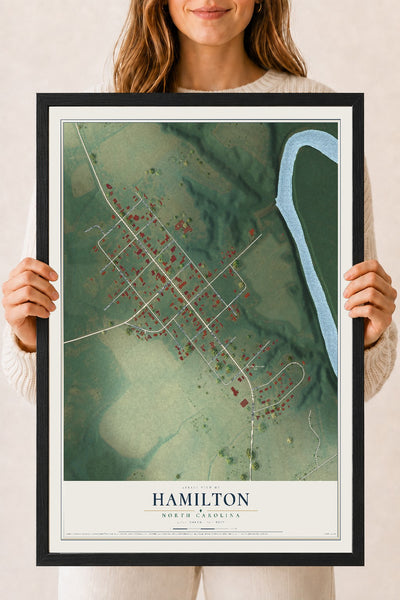 Map of Hamilton, North Carolina, 18 x 24 inch print in a black wood frame