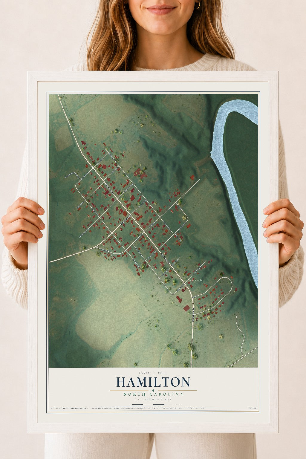 Map of Hamilton, North Carolina, 18 x 24 inch print in a white wood frame