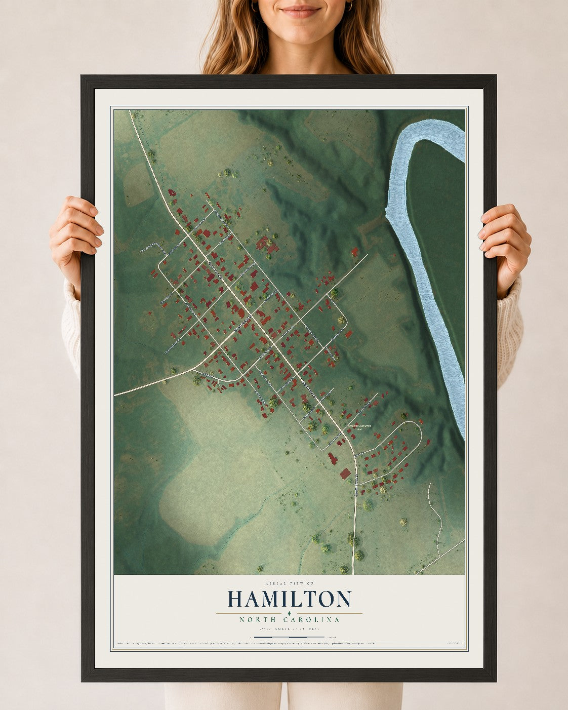 Map of Hamilton, North Carolina, 24 x 36 inch print in a black wood frame