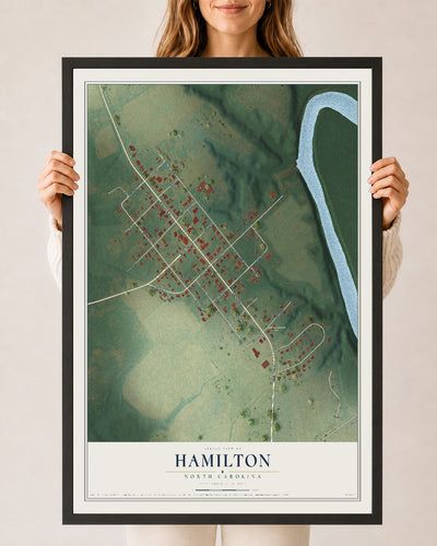 Map of Hamilton, North Carolina, 24 x 36 inch print in a black wood frame