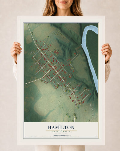 Map of Hamilton, North Carolina, 24 x 36 inch print in a white wood frame
