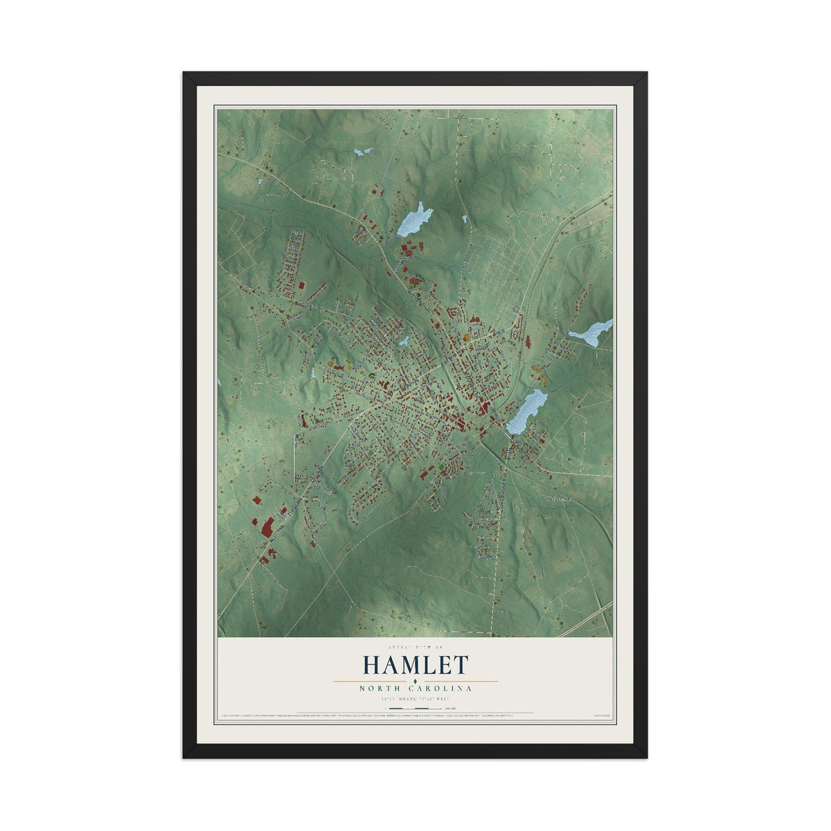 Map of Hamlet, North Carolina, 12 x 18 inch print in a black wood frame