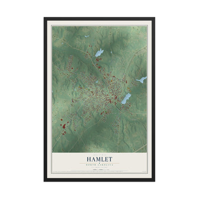 Map of Hamlet, North Carolina, 12 x 18 inch print in a black wood frame