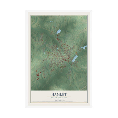 Map of Hamlet, North Carolina, 12 x 18 inch print in a white wood frame
