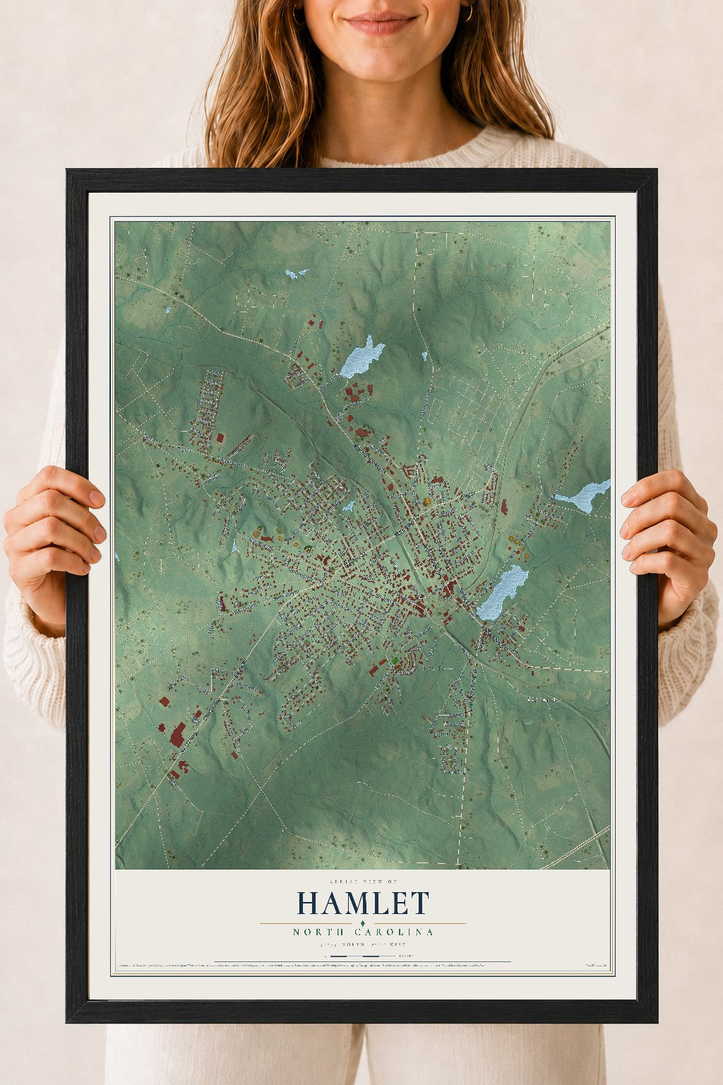 Map of Hamlet, North Carolina, 18 x 24 inch print in a black wood frame