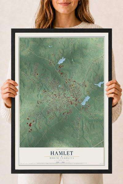 Map of Hamlet, North Carolina, 18 x 24 inch print in a black wood frame
