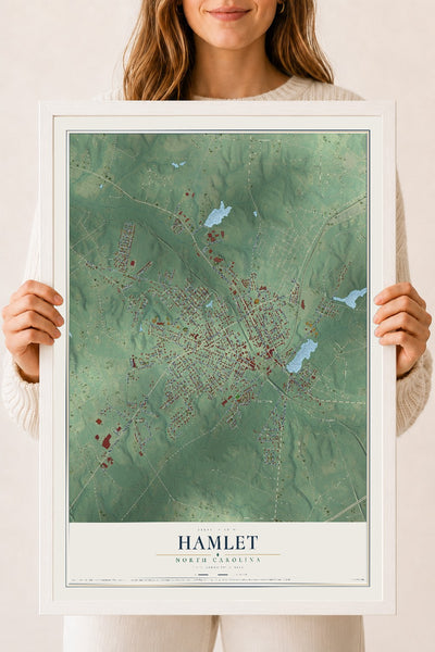 Map of Hamlet, North Carolina, 18 x 24 inch print in a white wood frame