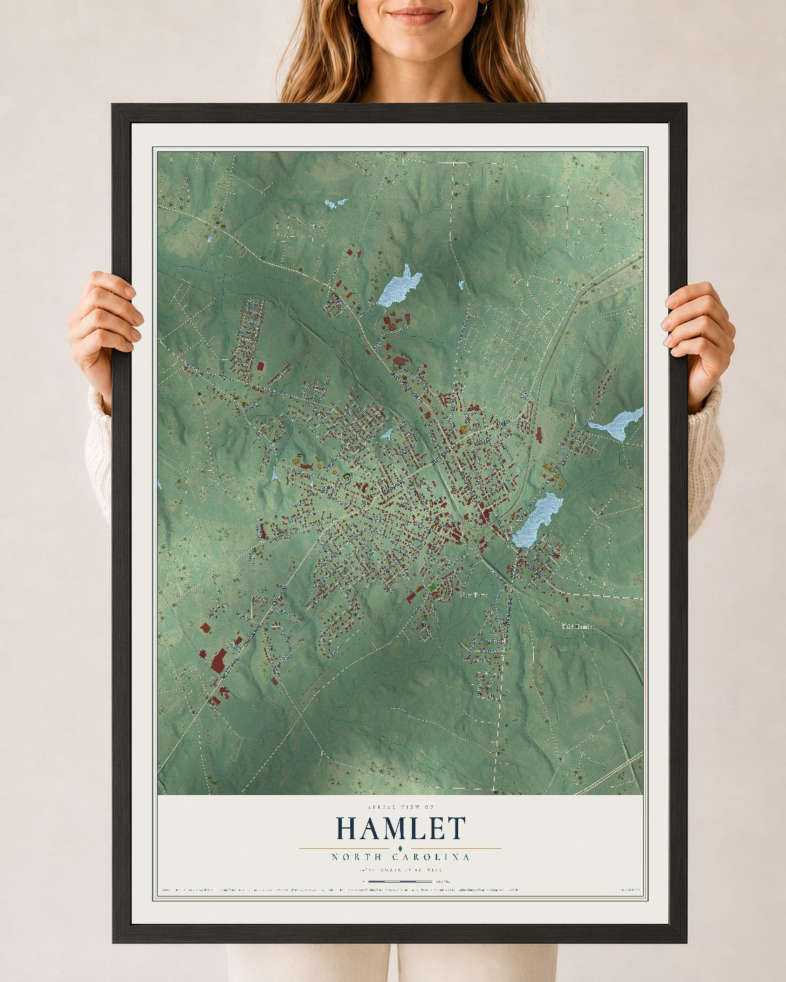 Map of Hamlet, North Carolina, 24 x 36 inch print in a black wood frame