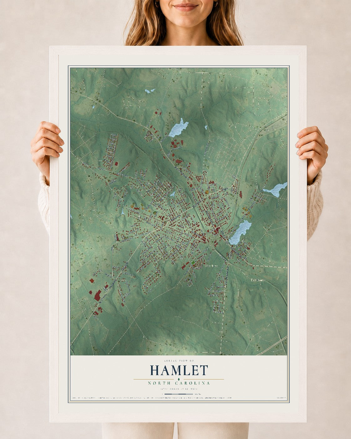 Map of Hamlet, North Carolina, 24 x 36 inch print in a white wood frame