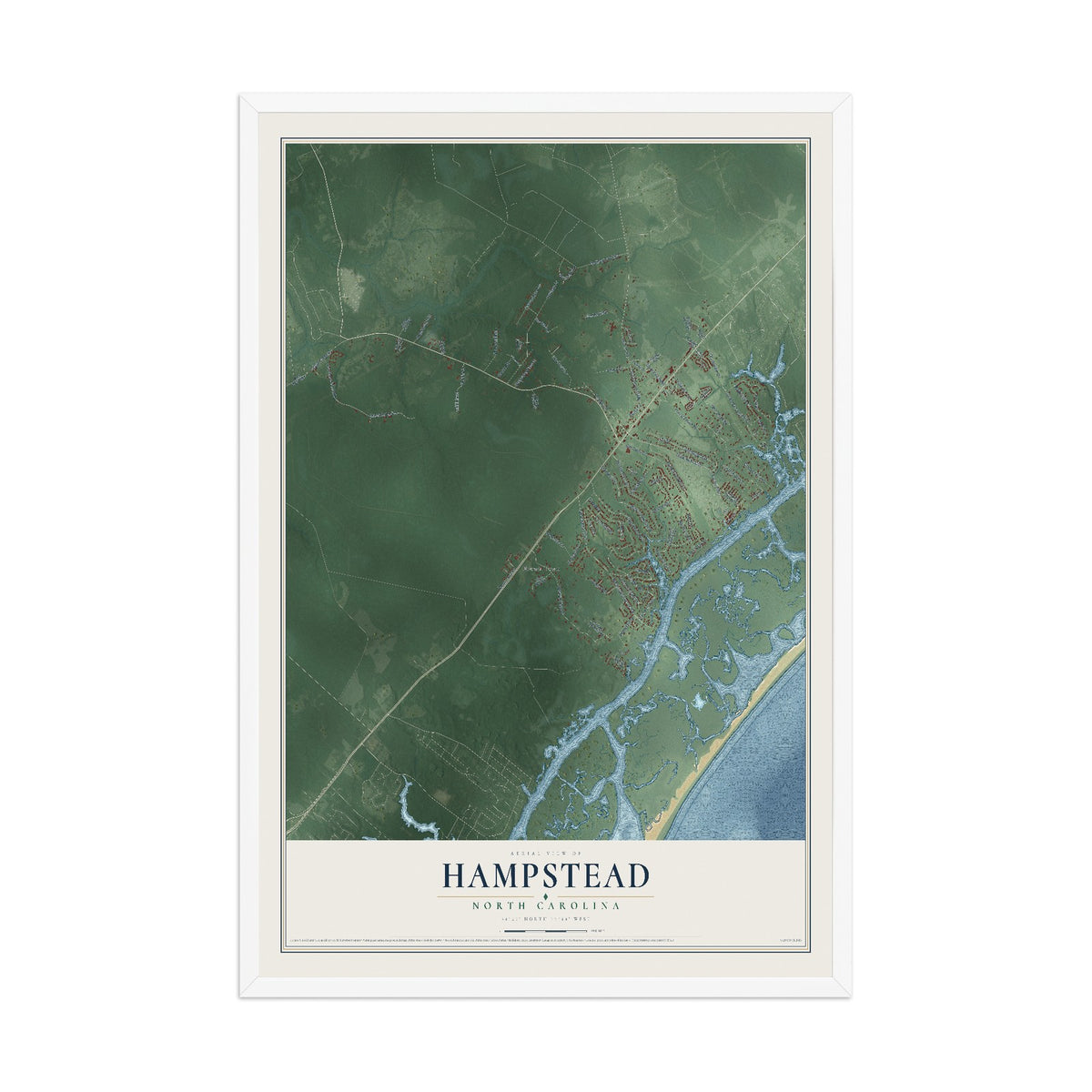 Map of Hampstead, North Carolina, 12 x 18 inch print in a white wood frame