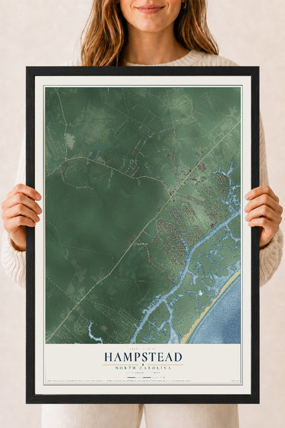 Map of Hampstead, North Carolina, 18 x 24 inch print in a black wood frame