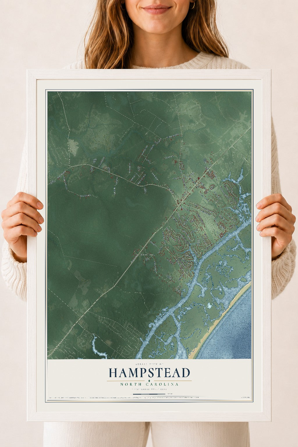 Map of Hampstead, North Carolina, 18 x 24 inch print in a white wood frame