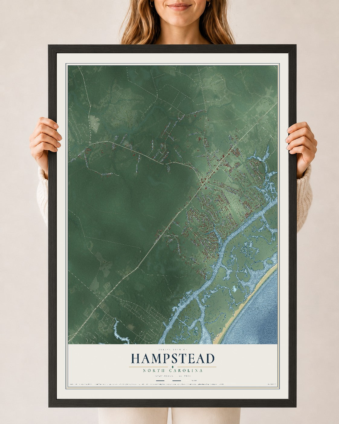 Map of Hampstead, North Carolina, 24 x 36 inch print in a black wood frame
