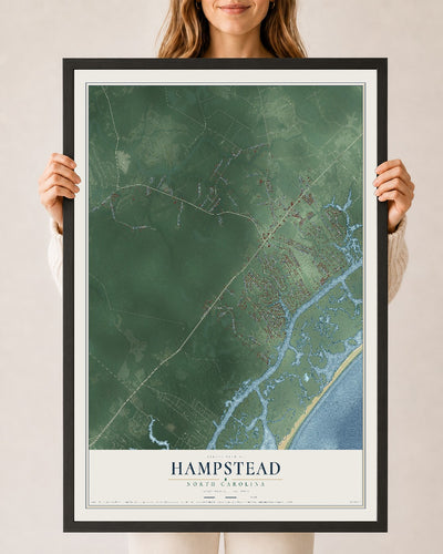 Map of Hampstead, North Carolina, 24 x 36 inch print in a black wood frame