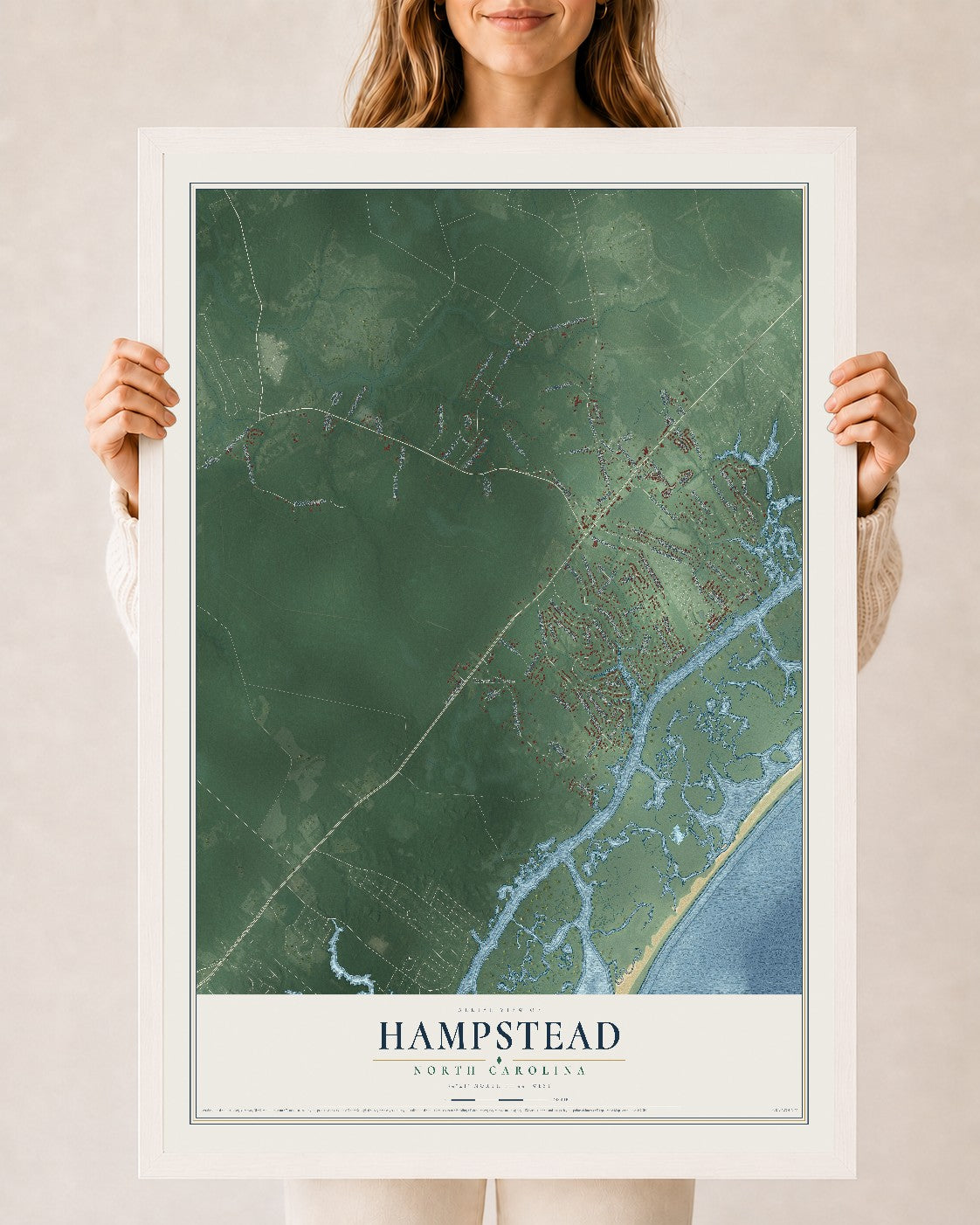 Map of Hampstead, North Carolina, 24 x 36 inch print in a white wood frame