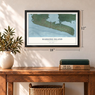 Harkers Island, North Carolina map, 12 x 18 inch print in a black frame in an entryway