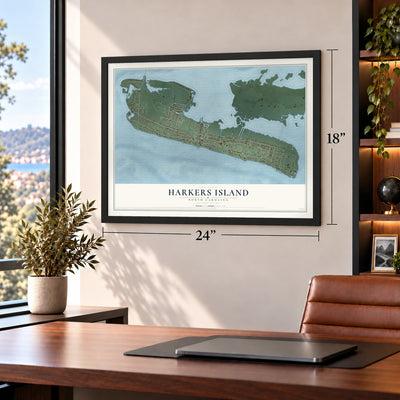 Harkers Island, North Carolina map, 18 x 24 inch print in a black frame in a home office