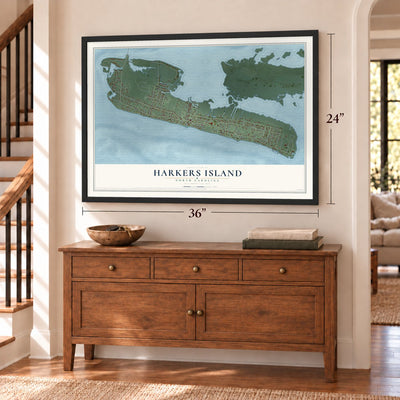 Harkers Island, North Carolina map, 24 x 36 inch print in a black frame above a dresser by a staircase
