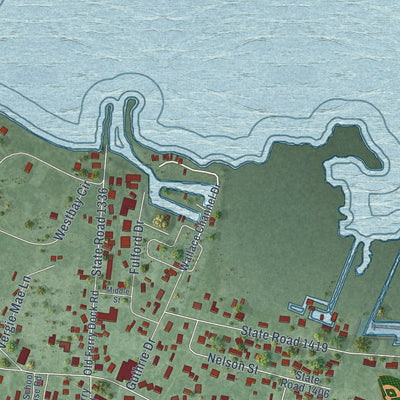 Close-up of the map of Harkers Island, North Carolina print showing street and building detail