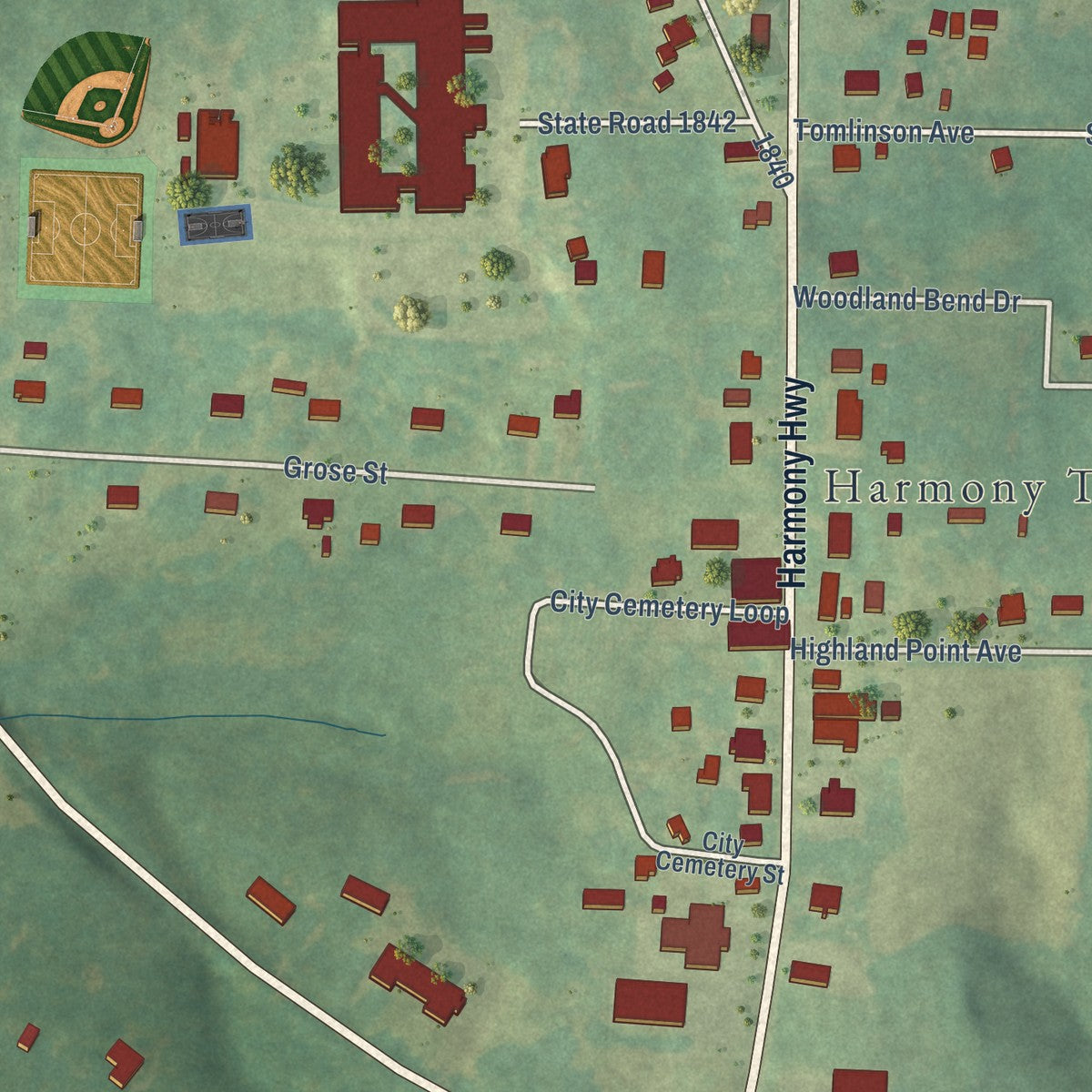Close-up of the map of Harmony, North Carolina print showing street and building detail